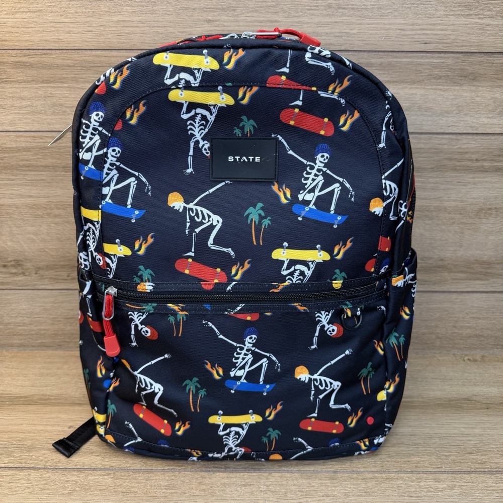 NWT STATE Kane Kids Double Pocket Backpack Bag Skeleton Skate Skateboard Black